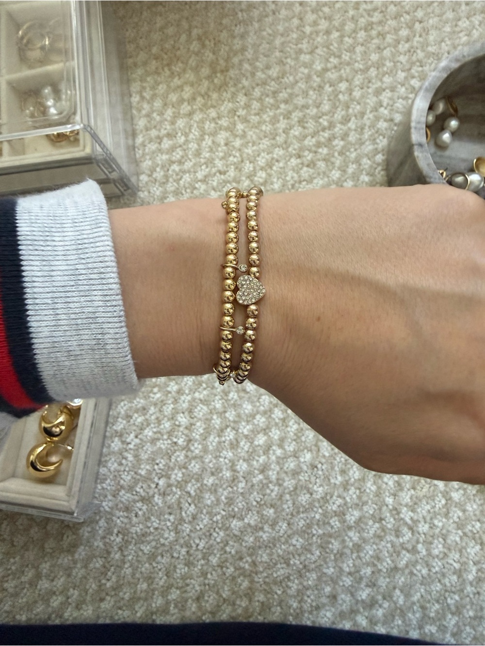 BaubleBar Gold Beaded Bracelets- one with Pave Heart Charm